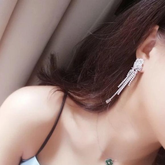 Crystals Rose Flower Long Short Tassels Earring - Picture 4 of 6